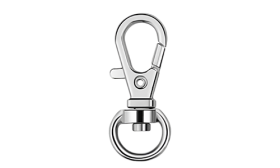Silver snap hook for dog tags with spring-loaded clasp and circular ring, 3cm x 1cm, for securely attaching dog id tags.
