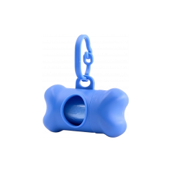 Blue bone-shaped dog poop bag dispenser, convenient for dog owners. Easily attaches to leashes for quick access to bags.