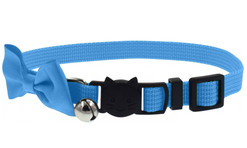 Stylish Bow Breakaway Cat Collar Light blue cat collar with a stylish bow and breakaway clasp, adjustable and lightweight, with a bell for charm & safety.