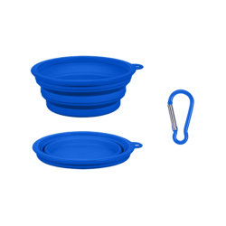 Blue collapsible dog bowl, 350ml capacity, compact and travel-friendly. Foldable for easy portability and cleaning.