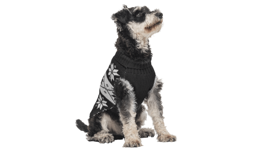 Black winter sweater for dogs with white snowflake pattern, washable, providing warmth and festive style.