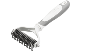 Dog Dematting Rake Comb White dog dematting rake comb with stainless steel blades and an ergonomic handle, to remove tangles and reduce shedding.