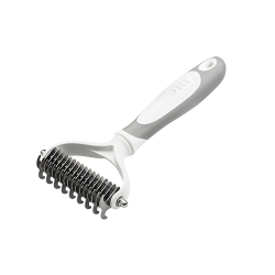 White dog dematting rake comb with stainless steel blades and an ergonomic handle, to remove tangles and reduce shedding.