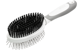 Double-sided dog brush with ergonomic handle, with soft bristles on one side and metal pins on the other for dual grooming.