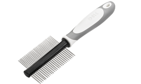 Double-sided dog comb with ergonomic handle, featuring fine and wide metal teeth for detangling and grooming.