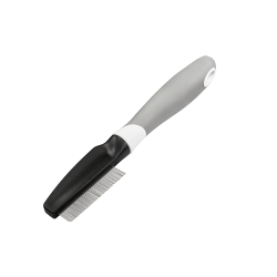 Dog and cat flea comb with fine metal teeth and a ergonomic handle, designed to remove fleas and debris from pet fur.