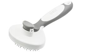 Self-cleaning dog and cat brush with retractable pins and ergonomic handle, with a push-button for easy fur removal.