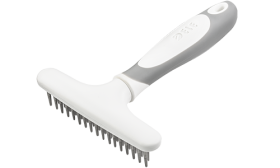 Dog undercoat rake with 32 metal pins and a white and ergonomic handle, for grooming and removing excess fur.