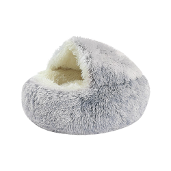 Slipper-shaped pet bed in grey with a fluffy interior, soft material, cosy, enclosed space for pets to rest.