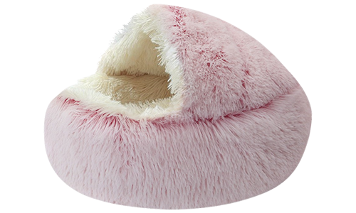 Slipper Pet Bed Slipper-shaped pet bed in pink with a fluffy interior, soft material, cosy, enclosed space for pets to rest.