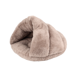 Warm, thick plush pet bed in brown, high-quality soft material, with a cosy enclosed design for added warmth and comfort.