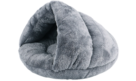 Warm, thick plush pet bed in grey, high-quality soft material, with a cosy enclosed design for added warmth and comfort.
