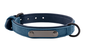Blue luxury velvet dog collar with built-in ID plate for name engraving, 43 - 45cm in length and 2.2cm wide, with D-ring.