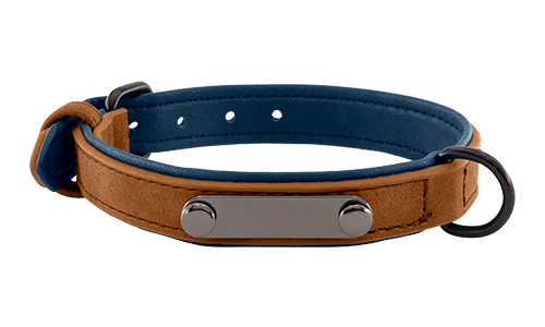 Brown luxury velvet dog collar with built-in ID plate for name engraving, 35 - 37cm in length and 1.7cm wide, with D-ring.