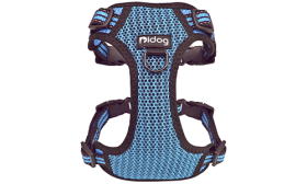 Stylish blue breathable nylon dog harness with adjustable straps, perfect fit with quick-release buckles, long-lasting.