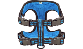 Stylish blue breathable nylon dog harness with adjustable straps, perfect fit with quick-release buckles, stylish.