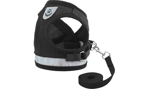 Black reflective dog harness vest with matching leash, lightweight, with breathable mesh fabric for comfort fit.