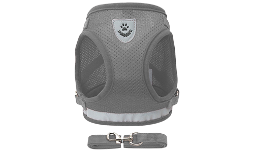 Silver reflective dog harness vest with matching leash, lightweight, with breathable mesh fabric for comfort fit.