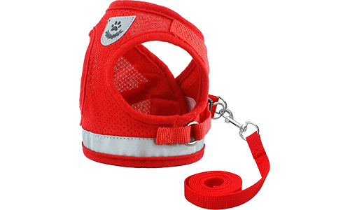 Red reflective dog harness vest with matching leash, lightweight, with breathable mesh fabric for comfort fit.