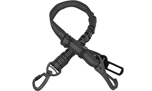 Reflective black safety seat belt dog leash, 55 - 65 cm length, adjustable strap, highly visible reflective material.