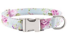 Pastel floral-patterned dog collar with adjustable metal buckle, 27 - 40cm in length and 2 cm wide, D-ring for attachment.