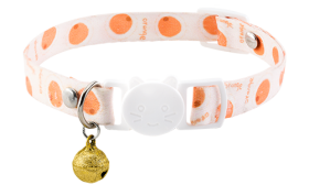 Breakaway cat collar with an orange design, adjustable and lightweight for comfort, with a white buckle and gold bell.