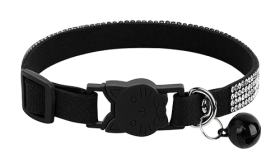 Luxury black breakaway cat collar with crystals, adjustable and lightweight for comfort, with a cat-shaped buckle.
