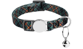 Plaid breakaway cat collar with a metallic buckle, adjustable and lightweight for comfort, with a small bell.