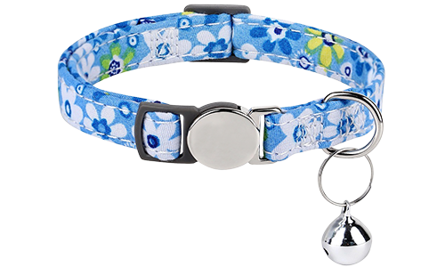 Breakaway Cat Collar with Metalic Buckle Blue floral-patterned breakaway cat collar with a metallic buckle, adjustable and lightweight for comfort, with silver bell.