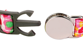 Red plaid-patterned breakaway cat collar with a metallic buckle, 1cm wide with safety buckle and with silver bell.