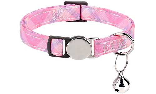 Pink plaid-patterned breakaway cat collar with a metallic buckle, adjustable and lightweight for comfort, with silver bell.