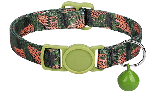 Bohemian Style Breakaway Cat Collar Camo-patterned breakaway cat collar in green and orange, adjustable and lightweight, with a green buckle and bell.