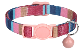 Striped pink breakaway cat collar, adjustable and lightweight, with matching pink buckle and bell.