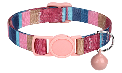 Bohemian Style Breakaway Cat Collar Striped pink breakaway cat collar, adjustable and lightweight, with matching pink buckle and bell.