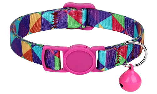 Bohemian Style Breakaway Cat Collar Colourful geometric-pattern breakaway cat collar, adjustable and lightweight, with matching pink buckle and bell.