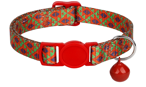 Vibrant geometric-pattern breakaway red cat collar, adjustable and lightweight, with matching red buckle and bell.