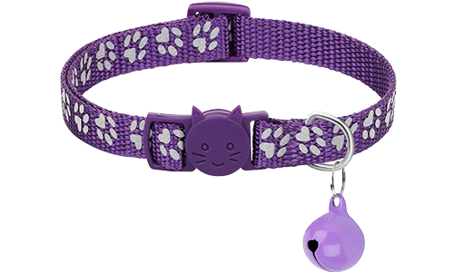 Purple paw-patterned breakaway cat collar, adjustable and lightweight for comfort, safety buckle with matching bell.