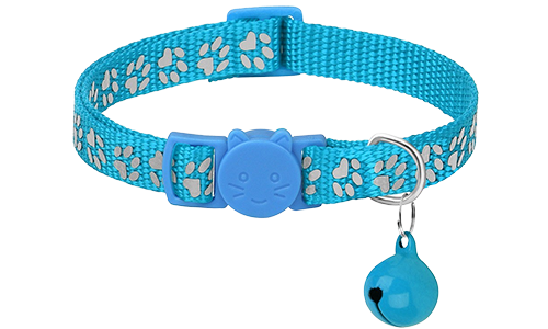 Paw-pattern Breakaway Cat Collar Light blue paw-patterned breakaway cat collar, adjustable and lightweight for comfort, safety buckle with matching bell.