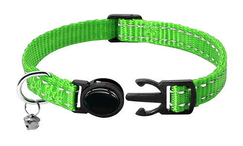 Reflective green breakaway cat collar, adjustable 21-34cm length and 1cm wide, secure breakaway buckle and a red bell.