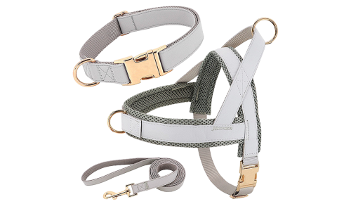 Silver dog harness kit with matching collar and leash, lightweight, durable and long-lasting, comfortable and secure fit.