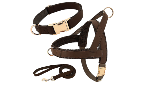 Brown dog harness kit with matching collar and leash, lightweight, durable and long-lasting, comfortablee and secure fit.