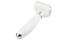 Small white deshedding brush for dogs with fine metal teeth and handle, to reduce shedding and remove loose fur.