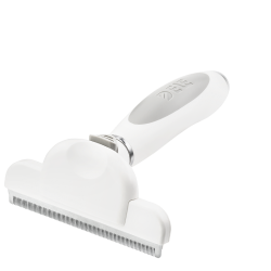 Large white deshedding brush for dogs with fine metal teeth and ergonomic handle, to reduce shedding and remove loose fur.