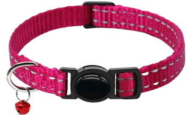 Reflective pink breakaway cat collar, adjustable and lightweight for comfort, secure breakaway buckle and a bell.