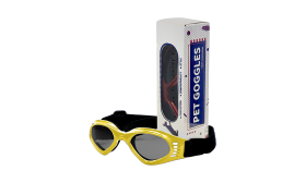 Stylish Dog Sunglasses with UV-Protection Yellow dog sunglasses with UV-protection, dark tinted lenses for eye safety and a stylish look. Foldable and portable.