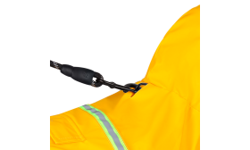 Shiba Inu in a waterproof yellow raincoat with reflective strips, easy on and off straps, adjustable.