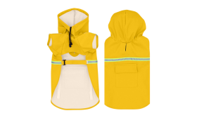Shiba Inu in a waterproof yellow raincoat with reflective strips, easy on and off straps, with storage pocket.