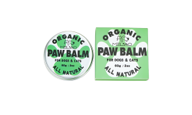 Green and white tin and box of organic, all-natural paw balm for dogs and cats, 60g, to soothe and protect pet paw pads.