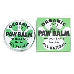 Green and white tin and box of organic, all-natural paw balm for dogs and cats, 60g, to soothe and protect pet paw pads.