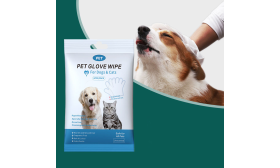 Package of hypoallergenic pet glove wipes for dogs and cats, 6 pieces per pack, fragrance-free and safe if licked.
